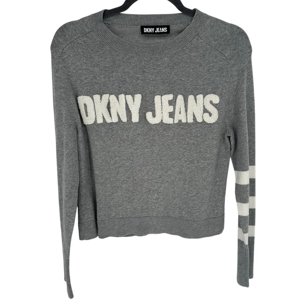 DKNY White Logo Graphic Crew Neck Sweater Long Striped Sleeves Winter Comfort S